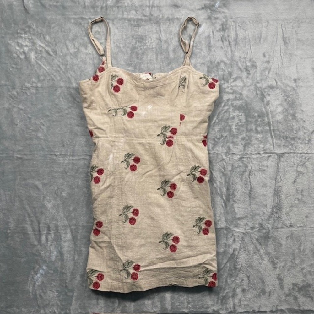 Urban Outfitters Mini Dress Beige Red Embroidered Cherry Print Sleeveless Medium